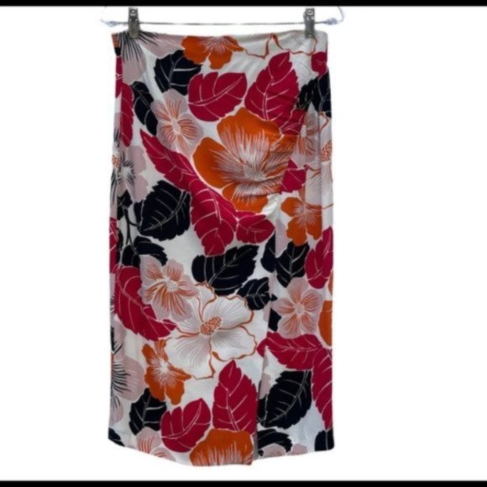 Zara Woman Tropical Floral Ruched Wrap Midi Skirt Size M Hibiscus NWT